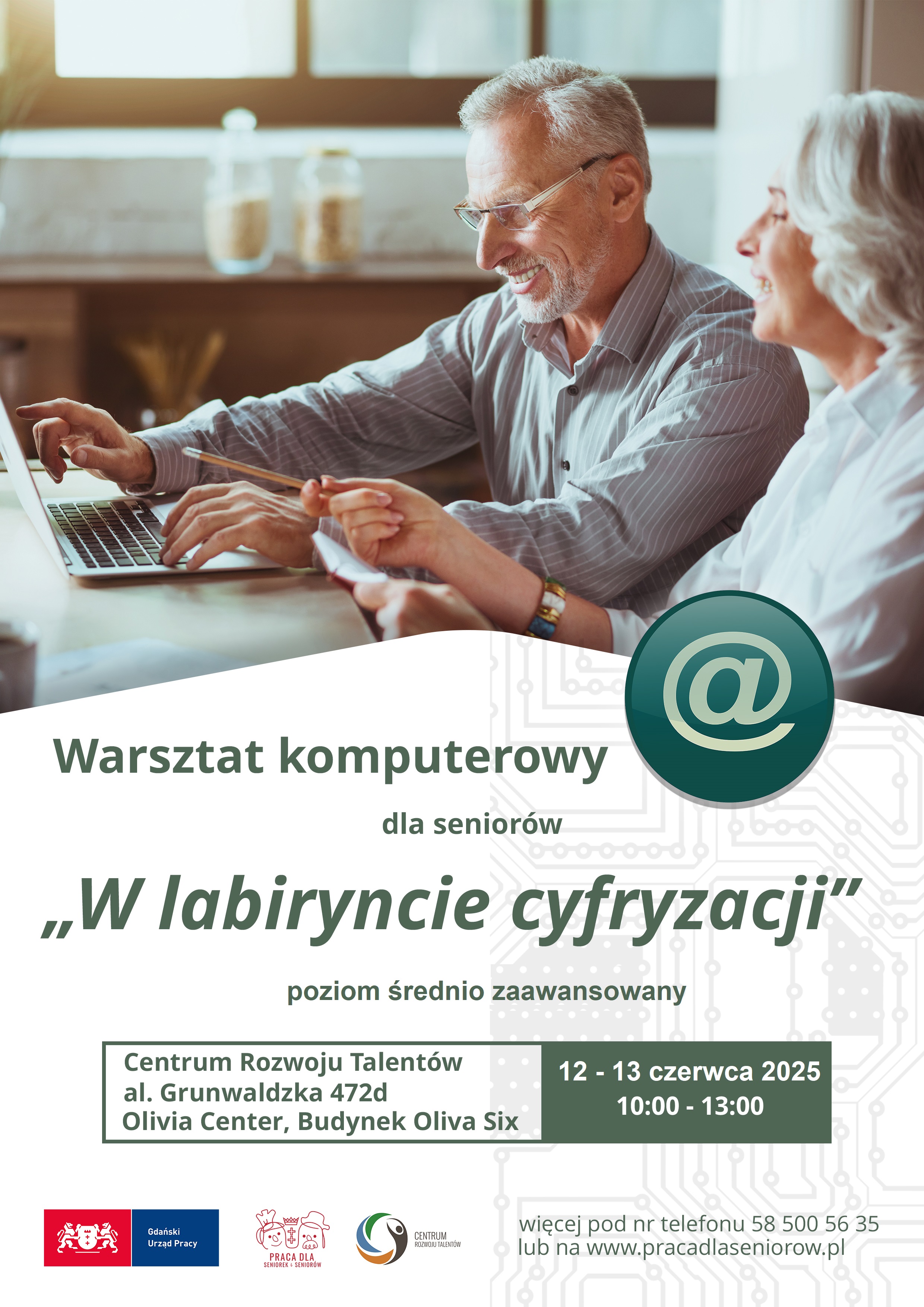 Dwóch seniorów - kobieta i mężczyzna siedzą przy komputerze. Informacja o warsztatach komputerowych, które odbędą się 12-13 czerwca w Centrum Rozwoju Talentów w Gdańsku.