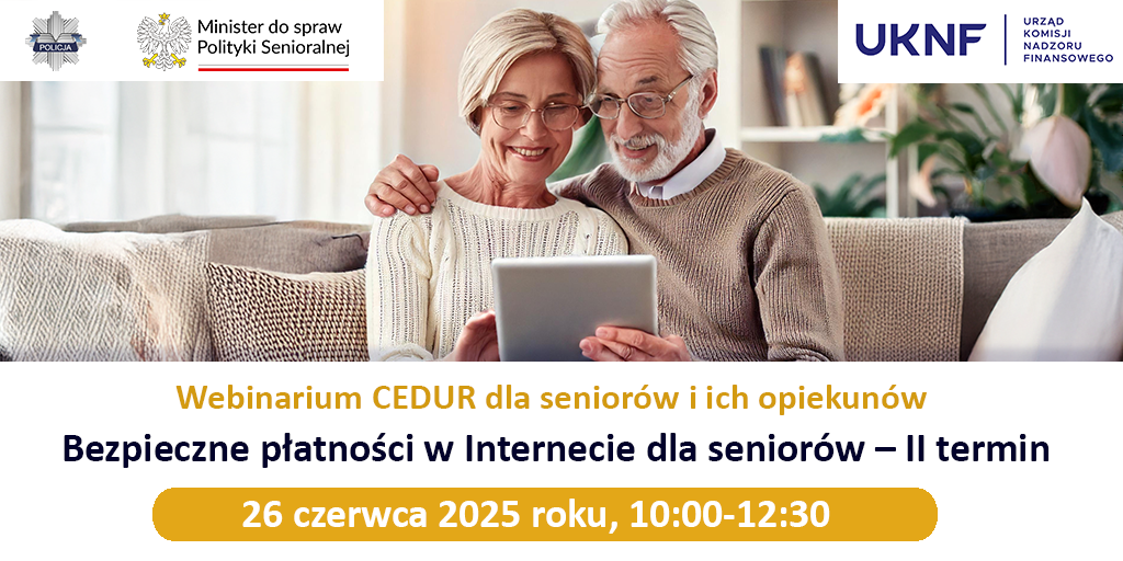 Kobieta i mężczyzna w dojrzałym wieku korzystają z tabletu. Informacja o terminie webinarium 26.06.2025.