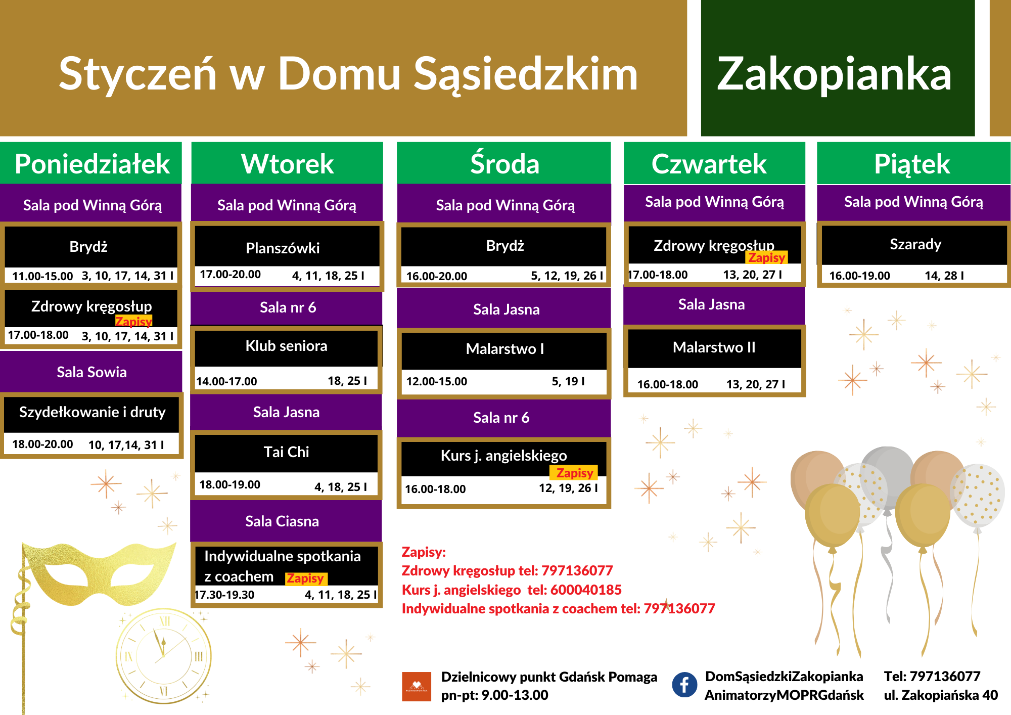 Harmonogram styczniowych zajęć w Domu Sąsiedzkim ZAKOPIANKA