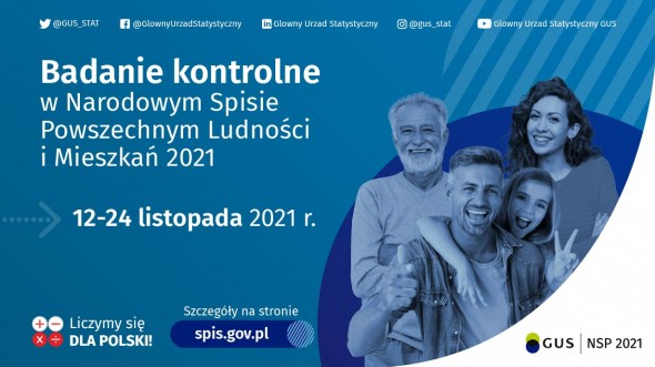 Od 12 do 24 listopada 2021 r. będzie realizowane badanie kontrolne w Narodowym Spisie Powszechnym Ludności i Mieszkań 2021