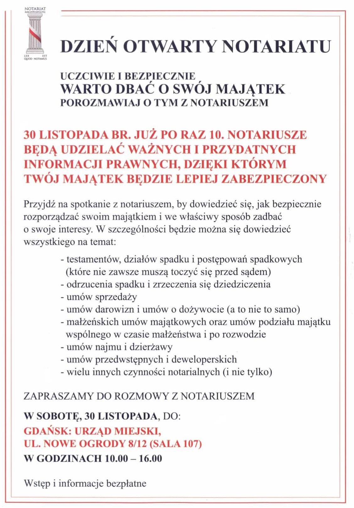 Ulotka informacyjna pt. Dzień Otwarty Notariatu 